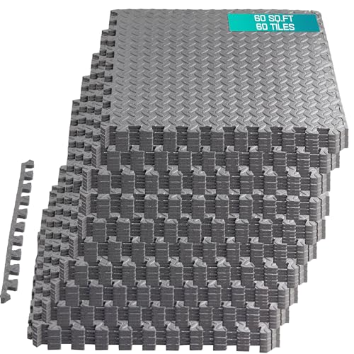 Yes4All EVA Interlocking Mats, Puzzle Floor Tiles, Foam Floor Padding with Border for Furniture, Home Space, Living Room, Garage 56 SQFT - color: Grey, style: 7/16" Thickness, 56 SQFT