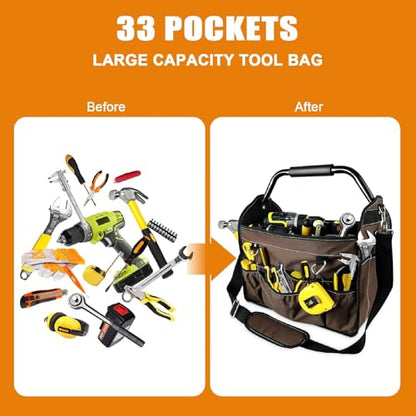 KUNLUN 17-Inch Open Top Tool Bag, Electrician Tool Bag, Tool Tote Bag Organizer for Easy Tool Access, 33 Pockets Foldable Tool Carrier with Rotating Steel Handle and Removable Shoulder Strap, Brown