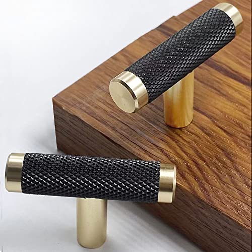 10 Pack 2 Inch Cabinet T Knob Aluminum Knob for Drawer Pulls Gold and Black Oxidation Finish with Diamond Pattern - color: TGold Black, size: 2 Inch