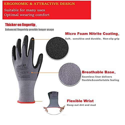 LOCCEF Safety Work Gloves MicroFoam Nitrile Coated-12 Pairs,Seamless Knit Nylon Gloves,Home Improvement,Micro-Foam Gloves - color: 144p-grey