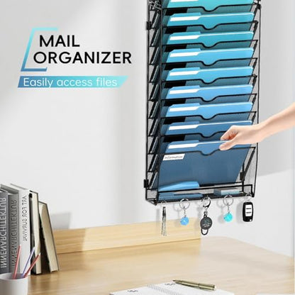 20-Tier Wall File Organizer with 5 Hooks, Hanging Mail Organizer Wall Mounted File Holder, Magazine Rack for Papers, Folders, Magazines, Office Organization, Assembly Needed, Black - size: 20 Tier-Black