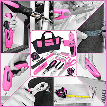 THINKWORK 41 Piece Pink Tool Set - Lady's Hand Tool Set with 3.6V Rotatable Electric Screwdriver, Home Repairing Tool Kit for Women with Large Mouth Open Tool Bag, Perfect for Home DIY, Daily Use - style: Wide Mouth Bag