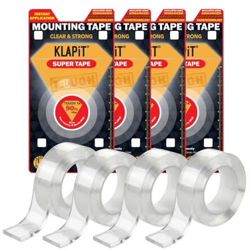 KLAPiT Super Tape Clear Double Sided Heavy Duty Adhesive 40in Enhanced Nano Technology Waterproof Mounting Tape Holds 90 lbs 2.28lb per Inch - style: 4 Packs