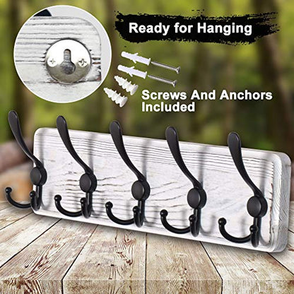 Dseap Coat Rack Wall Mounted - 5 Tri Hooks, Heavy Duty, Wooden Wall Coat Hanger Coat Hook for Clothes Hat Jacket Clothing, White & Black, Pack of 2 - color: White & Black, size: L=17.4"
