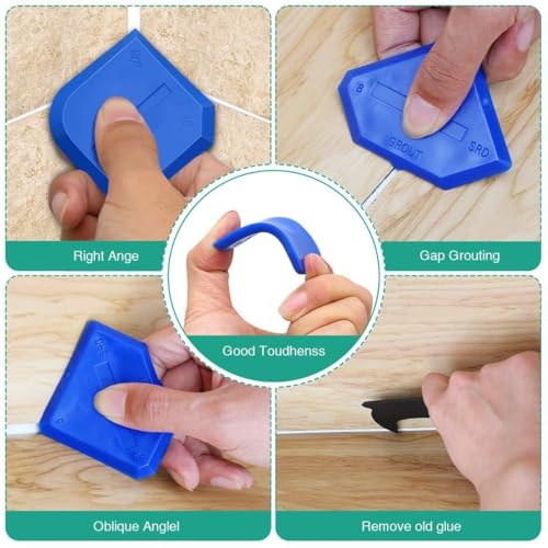 4 Pcs Silicone Caulking Tool Kit, Reusable Sealant Finishing & Grout Scraper Caulk Remover Tool, Portable for Kitchen Bathroom Sink Floor Joint Sealing (Blue)
