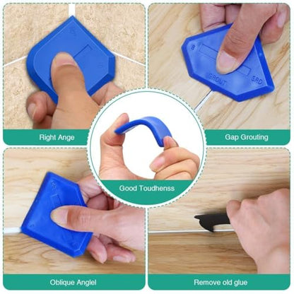 4 Pcs Silicone Caulking Tool Kit, Reusable Sealant Finishing & Grout Scraper Caulk Remover Tool, Portable for Kitchen Bathroom Sink Floor Joint Sealing (Blue)