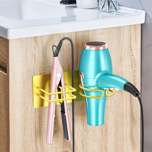 Hair Dryer and Straightener Holder Wall Mounted, Self Adhesive Blow Dryer and Flat Iron Storage Hair Tool Organizer for Bathroom Vanity (Gold) - color: Gold