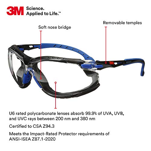 3M Safety Glasses, Solus 1000 Series, ANSI Z87, Scotchgard Anti-Fog, Clear Lens, Blue/Black Frame, Removable Foam Gasket and Strap, Pack of 1 - size: Single, style: Clear Lens, Blue/Black Frame With Gasket