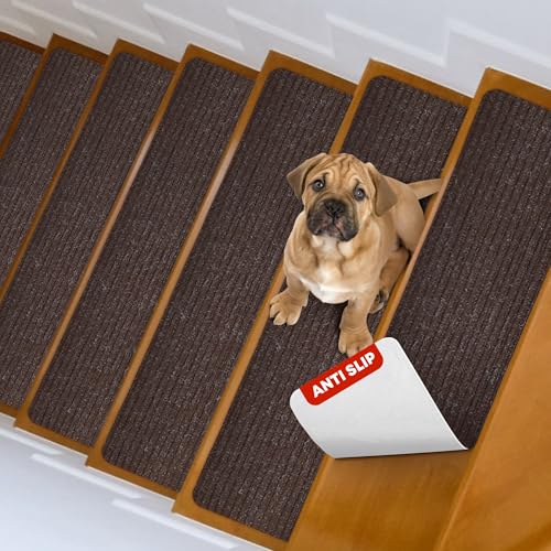 MBIGM 8" X 30" (15 in Pack) Nonslip Carpet Stair Treads Non-Skid Safety Rug Slip Resistant Indoor Runner for Kids Elders & Pets with Reusable Adhesive - Brown - Non Slip Stair Treads Indoor - color: Brown, size: 8" X 30" - 15 Pcs