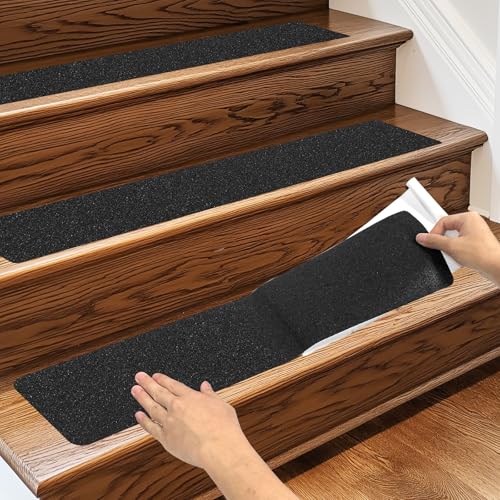 3 Pack Large 6 Inch x 24 Inch Non Slip Stair Treads Black High Traction Adhesive Pre-Cut Safety Tape/Tread Prevents Slips and Falls Outdoor
