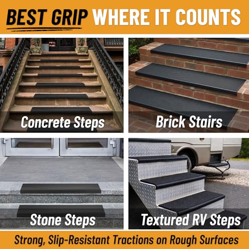 Ottomanson Bullnose Stair Treads Outdoor – Dots Heavy-Duty Non-Slip Stair Mats – Best Grip on Concrete, Brick & Textured Step – Fastening Required for Wooden & RV Steps, Pack of 5 - color: Black Grip Dots - Bullnose
