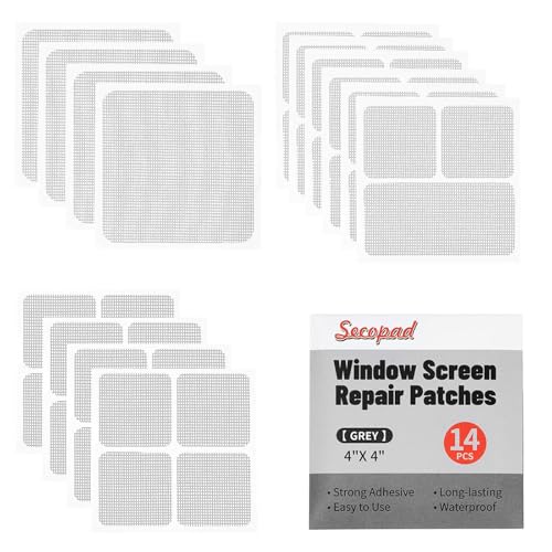 Secopad 14 Sheets Window Screen Patches Repair Kit, Grey/Black 3 Sizes Window Screen Repair Kit for Mesh Screen Door, Strong Adhesive Fiberglass Quick Screen Repair Tape - color: Gray