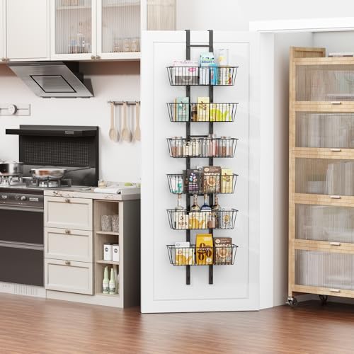 6-Tier Over The Door Pantry Organizer, Metal Hanging Storage Shelf with Adjustable 6 Baskets, Space-Saving Design Hanging Spice Rack for Kitchen, Bathroom, Laundry Room, Black - color: Black, size: 6-Tier
