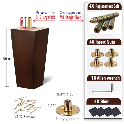 SHANJUE 5 Inch Wood Furniture Legs, Square Rubberwood Sofa Feet Replacement (Pack of 4) with 5/16" & M8 Bolts for Mid-Century Dresser, Ottoman, Recliner, MCM Couch Repair - size: 5 inches