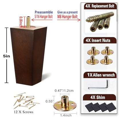 SHANJUE 5 Inch Wood Furniture Legs, Square Rubberwood Sofa Feet Replacement (Pack of 4) with 5/16" & M8 Bolts for Mid-Century Dresser, Ottoman, Recliner, MCM Couch Repair - size: 5 inches