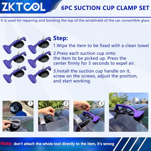 ZKTOOL 6PC Suction Cup Clamp Set, Class Clamps Kit for Car Convertible Glass Windshield Top Repair Gluing, Car Window Clamps, Suction Cups for Convertible Top, With Sponge Pad...