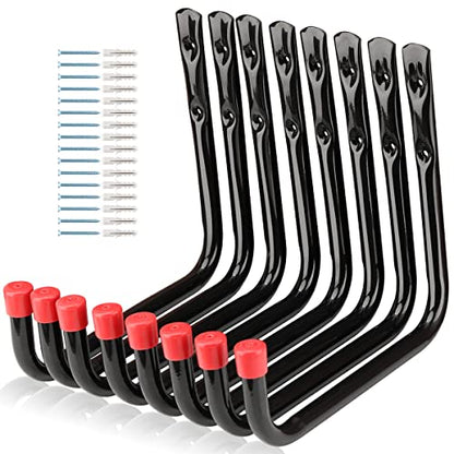 8 Pack Wall Mount Storage Hooks, 9.6IN Garage Utility Hanger for Ladder, Hold Chairs, Garden Tool, Hose, Bike Black +Red 9.6Inch x 8.8Inch
