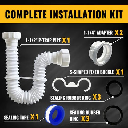 VIVIDA 1-1/2" Sink Drain Pipe Kit, Flexible Drain Pipe P Trap, 7.5"-17.7" Flexible P Trap, Under Sink Plumbing for Bathroom & Kitchen, 1-1/4" Adapter Included, 1 PACK - color: White, size: 7.5" to 17.7"