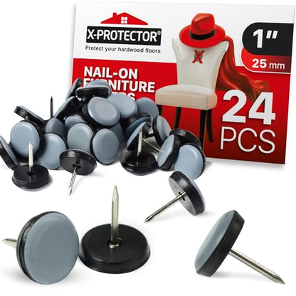 Chair Glides X-Protector – 1" Furniture Glides 24 pcs – Grey Nail-on Chair Sliders – Premium Chair Leg Floor Protectors – Slide Effortlessly with Chair Leg Pads That Protect Your Floor! - size: 1" 24 PCS Grey
