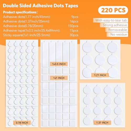 Double Sided Tape for Walls, 220 Pcs Sticky Tack Dots Removable Mounting Putty Clear Adhesive Strips with Tear Tabs No Damage Trace for Hanging Picture Poster Decorations Art Craft Party Supplies