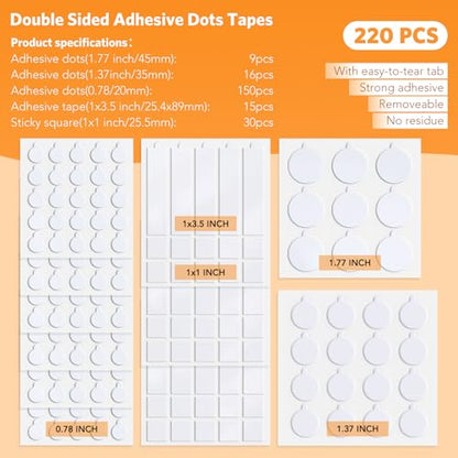 Double Sided Tape for Walls, 220 Pcs Sticky Tack Dots Removable Mounting Putty Clear Adhesive Strips with Tear Tabs No Damage Trace for Hanging Picture Poster Decorations Art Craft Party Supplies