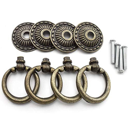 Vintage Bronze Pull Handles, OZXNO 4-Pack Antique Ring Knob Pulls with Matching Screws for Drawer Cabinet Dresser Cupboard Jewelry Box