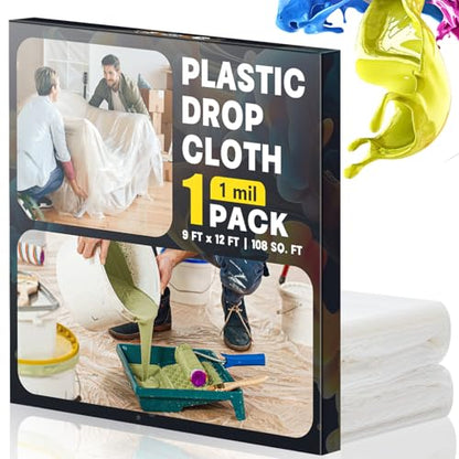 9x12 Ft Plastic Drop Cloths, Waterproof & Dust-Proof Tarp for Painting, Disposable Sheeting for Furniture, Floor, and Couch Protection - Durable Painter’s Cover (1-Pack) - size: 1 PCS 9x12 Ft