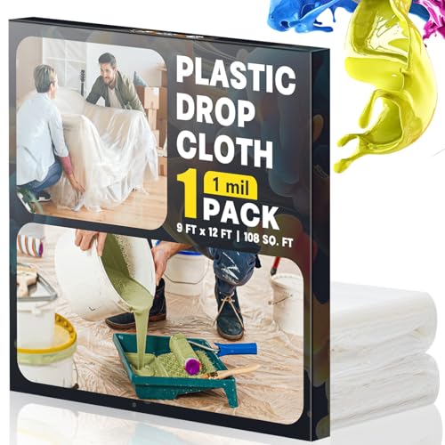 9x12 Ft Plastic Drop Cloths, Waterproof & Dust-Proof Tarp for Painting, Disposable Sheeting for Furniture, Floor, and Couch Protection - Durable Painter’s Cover (1-Pack) - size: 1 PCS 9x12 Ft