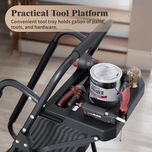 KINGRACK 5 Step Ladder with Tool Platform, 900 lbs Sturdy Step Stool with Handrail, Folding Steel Ladder with Wide Pedal, Safety Ladder for Adults Home Outdoor Painting Garage Office - size: 5-step with tool tray and handrail