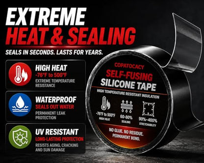 Self-Fusing Silicone Tape 1" x 5' x 20mil – Black Rubber Emergency Repair Tape – Waterproof, Heat-Resistant, Insulating, Chemical-Resistant, No Residue – for Automotive, Electrical & Outdoor Use - color: (Black)1" x 5'