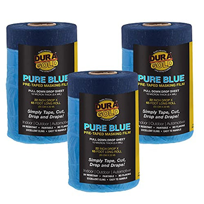 Dura-Gold 22" x 65' Pure Blue Pre-Taped Masking Film, (3 Pack) Painters Plastic Roll (0.4 Mil), Pull Down Drop Sheet, Pre-Taped Plastic Sheeting for Painting Protection on Auto, Walls, Furniture