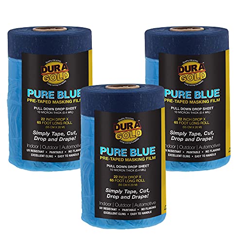 Dura-Gold 22" x 65' Pure Blue Pre-Taped Masking Film, (3 Pack) Painters Plastic Roll (0.4 Mil), Pull Down Drop Sheet, Pre-Taped Plastic Sheeting for Painting Protection on Auto, Walls, Furniture