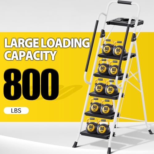 KINGRACK Folding 5-Step Ladder, 800 lbs Capacity Step Stool with Safety Lock, Tool Tray, Non-Skid Wide Steps, Handrail, Household Folding Ladder for Home, Garden, Painting, Outdoor, and Garage, White - size: 5-STEP