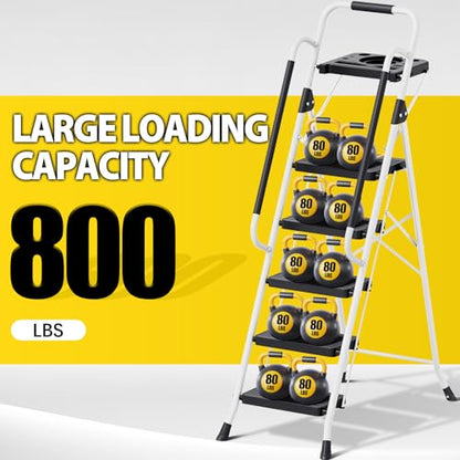 KINGRACK Folding 5-Step Ladder, 800 lbs Capacity Step Stool with Safety Lock, Tool Tray, Non-Skid Wide Steps, Handrail, Household Folding Ladder for Home, Garden, Painting, Outdoor, and Garage, White - size: 5-STEP