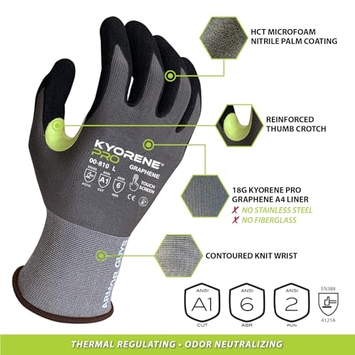 Armor Guys 00-810 Kyorene Pro Graphene Black Nitrile Work Gloves (ANSI Cut Level A1) – Touchscreen Compatible, Ergonomic, Light Gloves for Gardening, Warehousing & Maintenance – X-Large (3 pairs) - size: X-Large (Pack of 3)