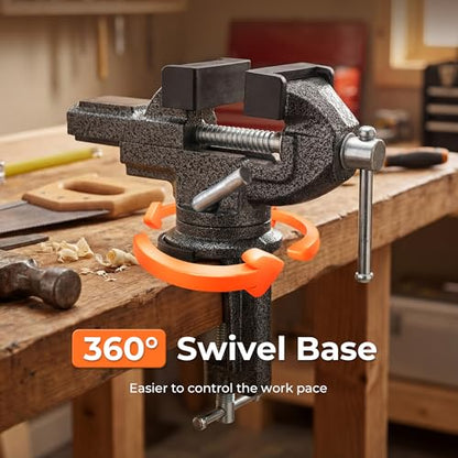 Galio 2.5 Inch Bench/Table Vise - 360° Swivel Base Clamp-On, Quick Adjustment Portable Clamp for Woodworking, Metalworking, Drilling, Sawing, Pipe Cutting, Handcraft & Home Repair