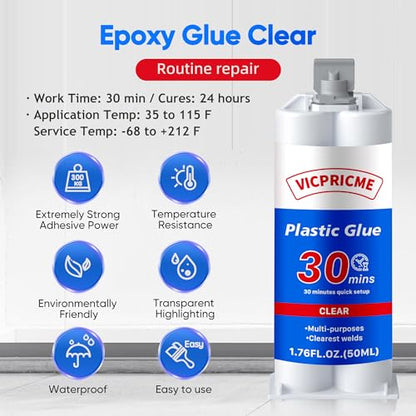 vicpricme Plastic Glue, 1.76oz Clear epoxy Glue, All Purpose Repair Glue, can Bond Metal, Wood, Glass, Fiberglass, Carbon Fiber, Most Plastics, Rubber (3) - size: 30Min glue 3pcs