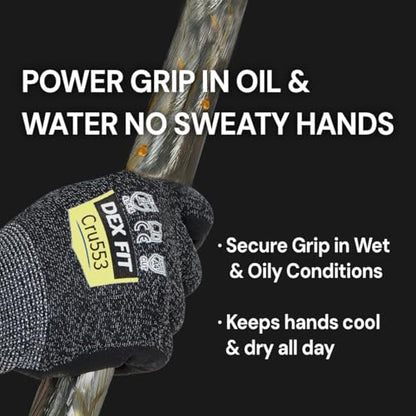 DEX FIT Level 5 Cut Resistant Gloves Cru553, 3D-Comfort Stretchy Fit, Power Grip, Professional Grade, Thin, Touch-Screen Compatible, Durable, Machine Washable; Black Gray M (8) 1 Pair - color: Blackgrey, size: Medium