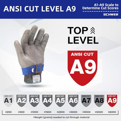 Schwer SlicePro ANSI A9 Cut Resistant Glove PR1706, Stainless Steel Mesh Metal Glove, Food Grade for Kitchen Cooking, Butcher Meat Cutting, Oyster Shucking, Mandoline, Fishing, (M, 1 Pair) - size: Medium (Pack of 2), style: 1.0 Steel Wire