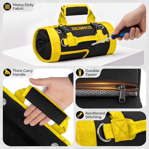 Roll Up Tool Bag, Heavy Duty See-Through Tool Roll Organizer with 2 Detachable Pouches, Portable Mechanic & Motorcycle Tool Bag, Birthday & Father’s Day Gift, Yellow - color: Yellow