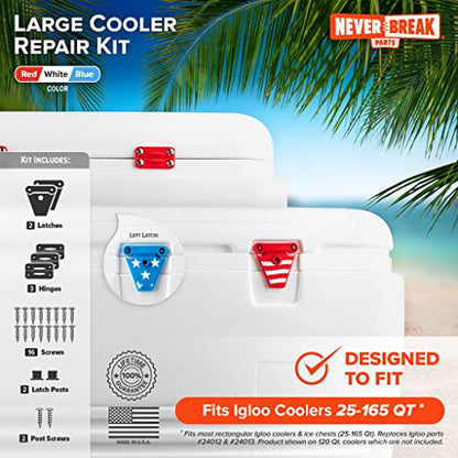 NeverBreak Parts - Igloo Cooler Replacement Parts - Large Repair Kit | High Strength Igloo Cooler Hinges Replacement with Latches | Ice Chest Repair Kit - color: Red, White and Blue