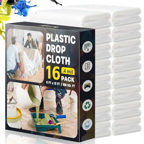 Plastic Drop Cloths for Painting, 9x12 Ft Extra Large Painting Supplies, Plastic Sheet Dust Cover for Furniture, Floor, Couch Protector (16-Pack) - size: 16 PCS 9x12 Ft