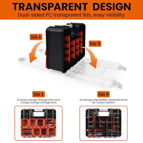 TACTIX Double-Sided Tool Organizer, Toolbox with 8-Storage Bins & 14 Adjustable Dividers & Transparent Lids, Portable Hardware Storage Box for Screws, Nuts, Fishing Accessories (Black&Orange) - style: Double Sided Tool Box