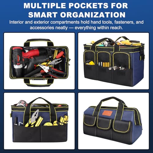 12-Inch Tool Bag with Waterproof Hard Bottom, Durable Wide Mouth Tote Tool Organizer with Multiple Pockets for Electricians Carpenters Mechanics and DIY Projects, Blue
