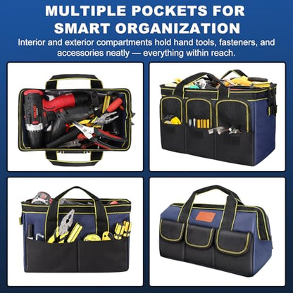 12-Inch Tool Bag with Waterproof Hard Bottom, Durable Wide Mouth Tote Tool Organizer with Multiple Pockets for Electricians Carpenters Mechanics and DIY Projects, Blue