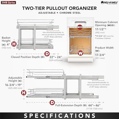 Rev-A-Shelf 2-Tier Kitchen Cabinet Pullout Shelf and Drawer Organizer Slide Out Pantry Storage Basket in Multiple Sizes, 18 x 22 In, 5WB2-1822CR-1 - size: 18" W x 22"D, style: Two Tier