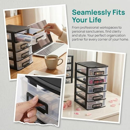 Cabilock 5-Tier Plastic Storage Drawers Clear Desktop Organiser Unit Small Stackable Craft Bins for Office Stationery Makeup Jewellery 31x21x15cm - color: Black