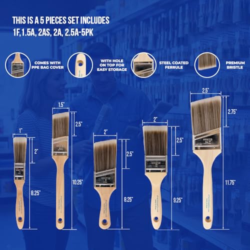 Pro Grade Paint Brushes, 5-Piece Paint Brush Set: Flat & Angle Brushes for Latex and Oil Paints, Stains, Interior & Exterior Home Improvement
