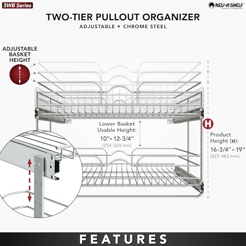 Rev-A-Shelf 2-Tier Kitchen Cabinet Pullout Shelf and Drawer Organizer Slide Out Pantry Storage Basket in Multiple Sizes, 24 x 22 In, 5WB2-2422-CR-1 - size: 24" W x 22"D, style: Two Tier
