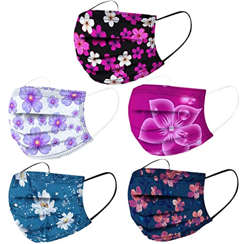 Spring Theme Disposable Face Cover with Designs for Adults Women,Flower Floral Printed Pattern,50Pcs